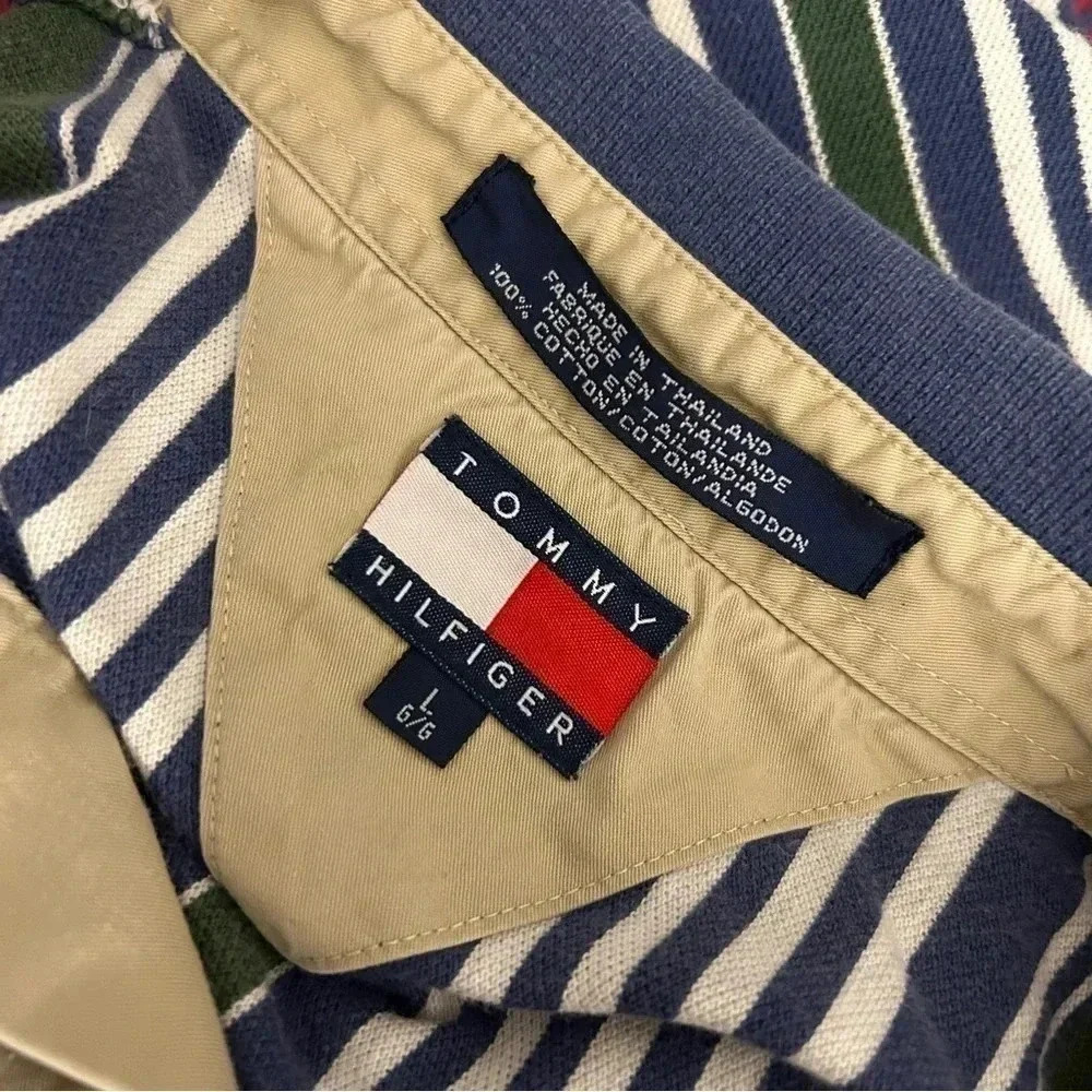 Vintage 90s Tommy Hilfiger Striped Long Sleeve Polo Shirt Black White Green Blue - Picture 6 of 12